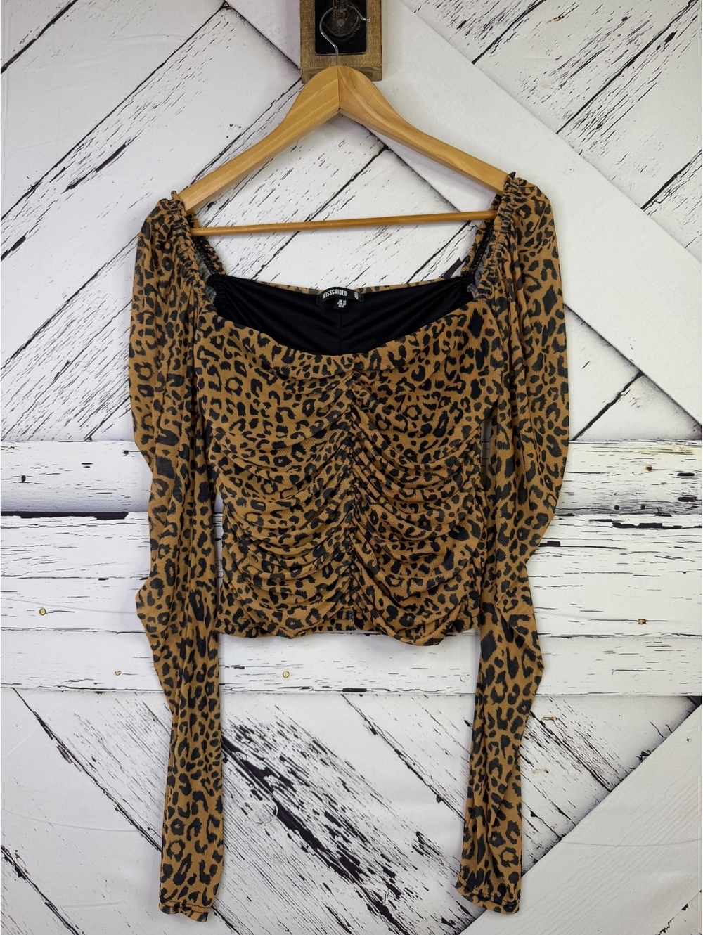 Missguided Y2K Festival Ruched Mesh Leopard Print Clubwear Top Women Size 6
